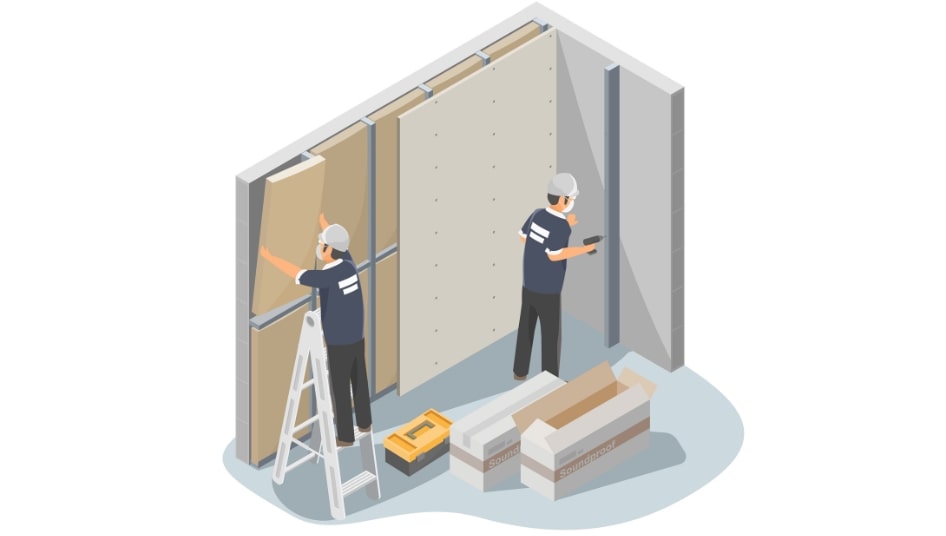 graphic of soundproof insulation walls being installed