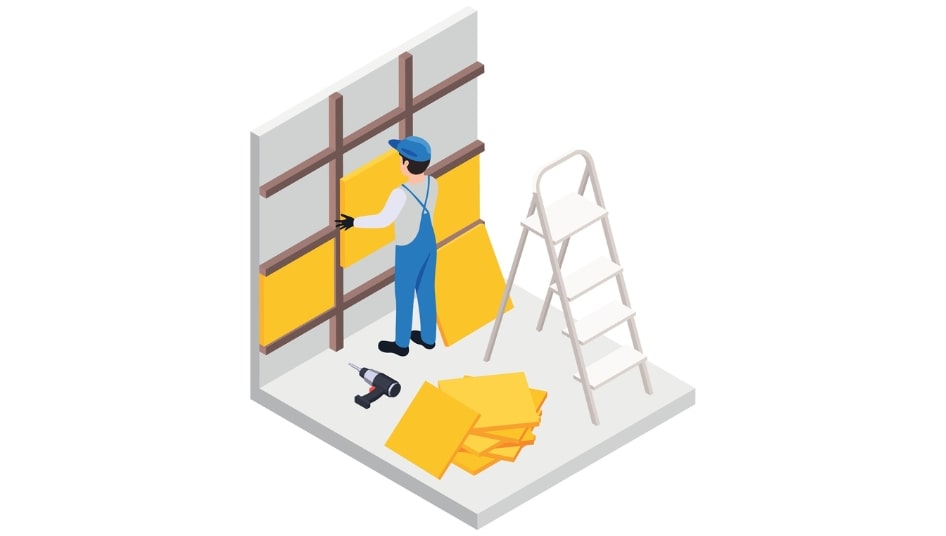 graphic of worker installing soundproof walls